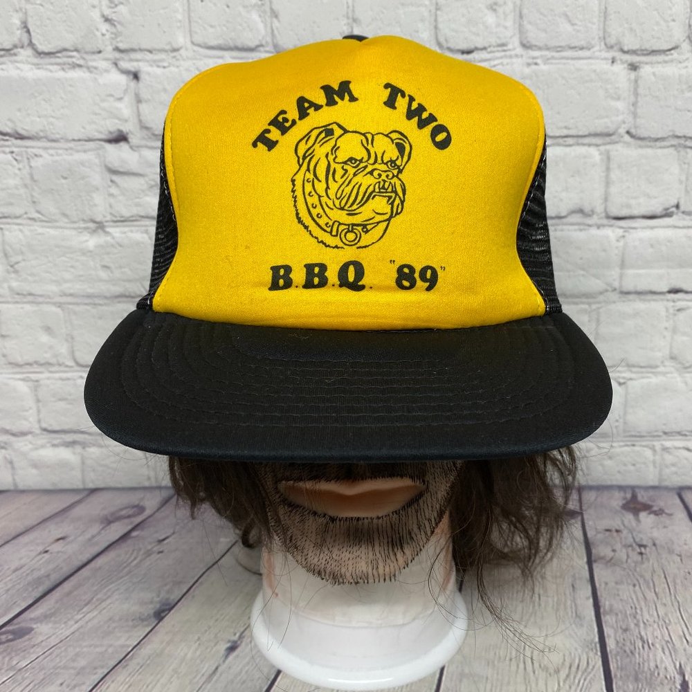 Vintage Trucker Hat Mesh Cap Snapback Black Yellow Team Two B.B.Q. '89 1989 80s